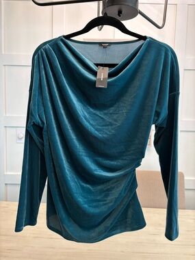 Express Velvet Teal Drape-Front Long Sleeve stretch Top